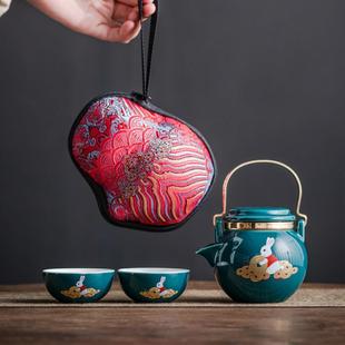 户外快 新款 直销旅行茶具套装 一壶二杯陶瓷提梁葫芦泡茶壶 便携式