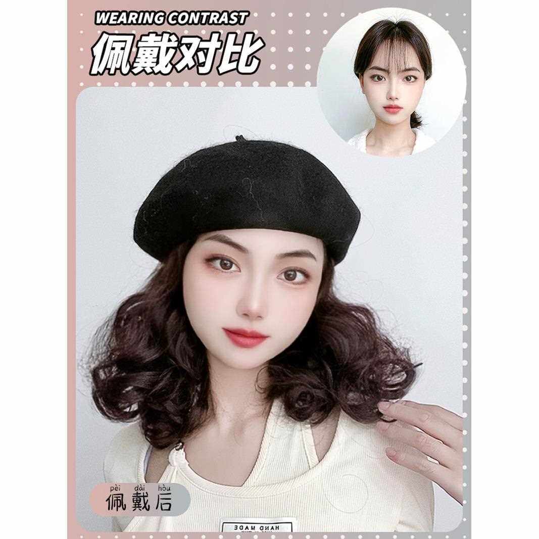 新款直销假发女短发秋冬网红贝雷帽锁骨假发帽子一体时尚整顶短卷