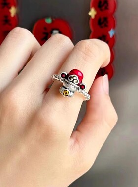 足银999小财神戒指纯银光珠招财转运彩色滴胶财神爷弹绳指环