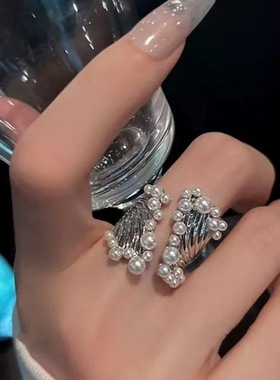 新款小众设计感宽版珍珠戒指女欧美个性轻奢夸张开口食指戒潮