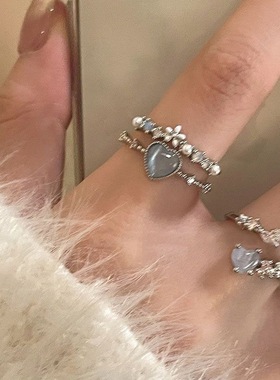 爱心月光海蓝锆石开口戒指女轻奢小众设计感食指戒气质可调节指环