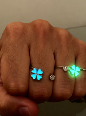 日韩elemexsu小众四叶草夜光戒指活口可调节情侣一对指环