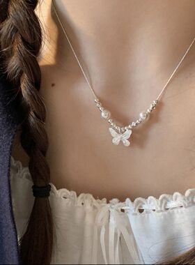 蝴蝶仿珍珠项链女ins轻奢小众设计高级简约百搭小清新礼物