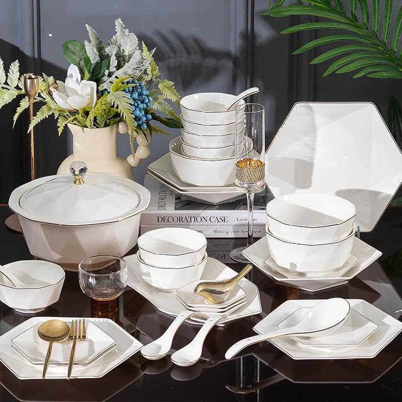 新款直销北欧金边碗碟套装家用简约餐具碗盘碟子组合创意陶瓷碗盘,餐饮具,碗,淘宝优惠券,粉丝福利购,淘宝优惠卷