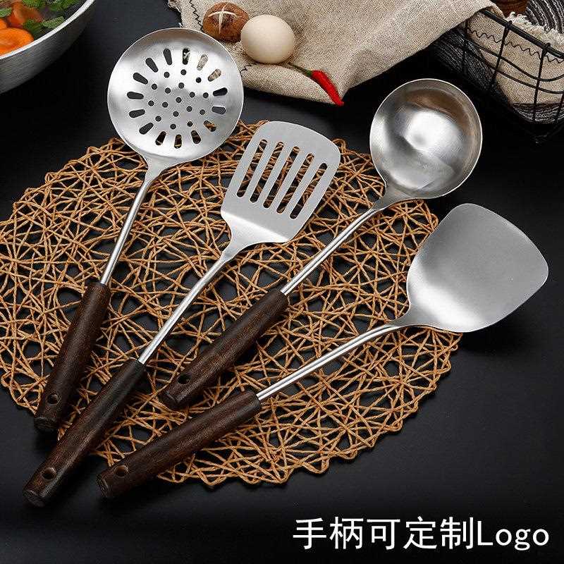 新款直销木柄铲不锈钢锅铲黑色复古木汤勺大漏勺加厚防烫火锅勺漏