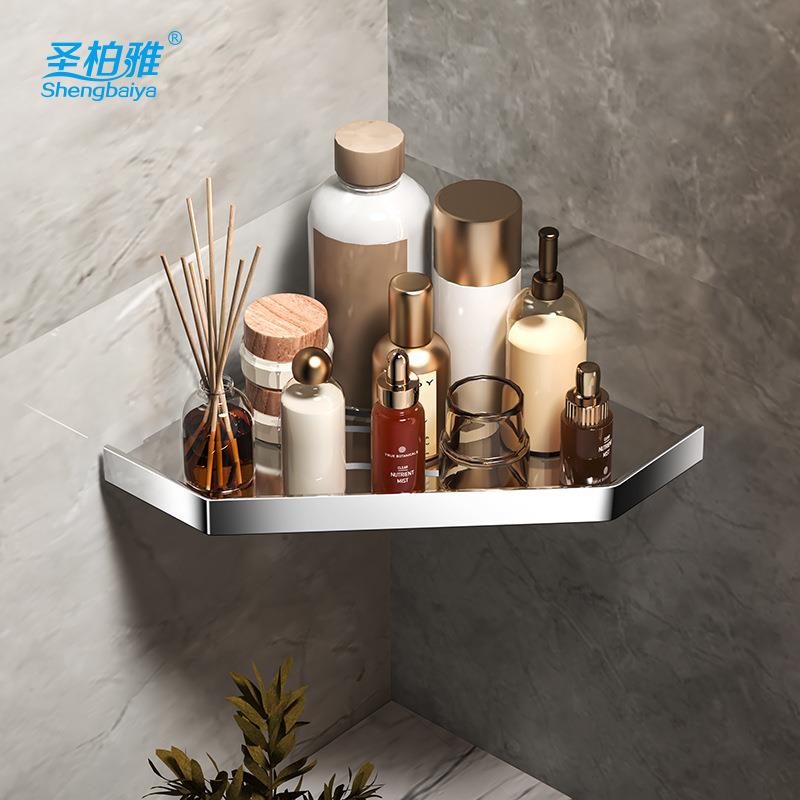 新款直销卫生间免打孔三角架厕所304不锈钢 浴室双层置物架厨房黑