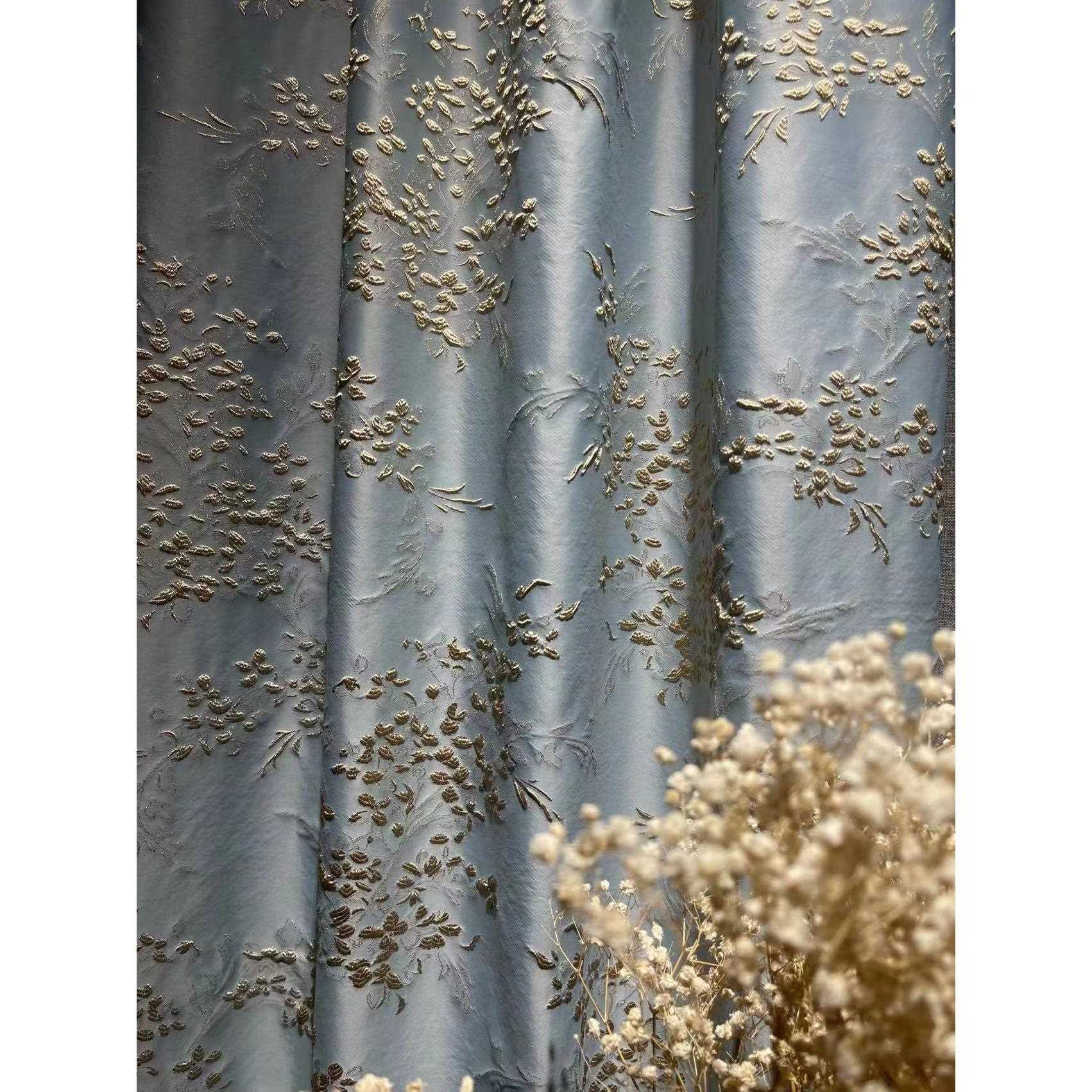 新款直销2023新品高经密提花窗帘面料蓝色麦穗浮雕垂直帘高档礼服