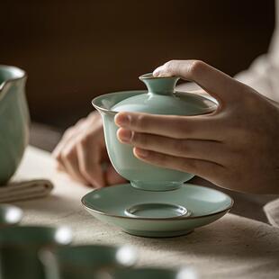 新款直销天青汝窑泡茶碗陶瓷功夫茶具大号三才盖碗汝瓷开片可养蝉