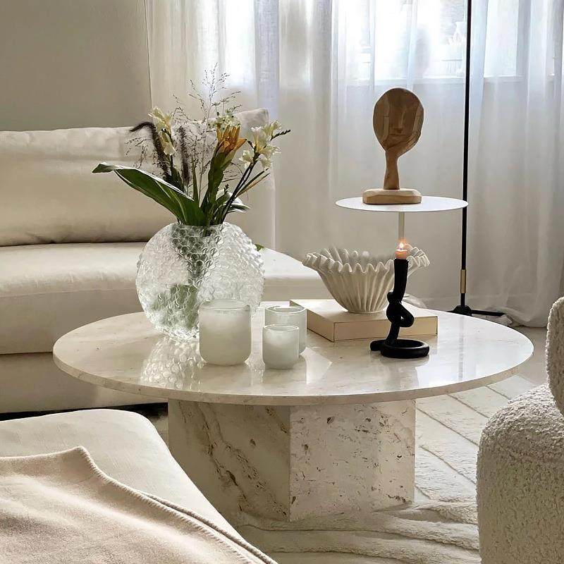 直销新款法式桌子石圆形ins网北欧洞侘天然客厅大理茶几红咖啡大