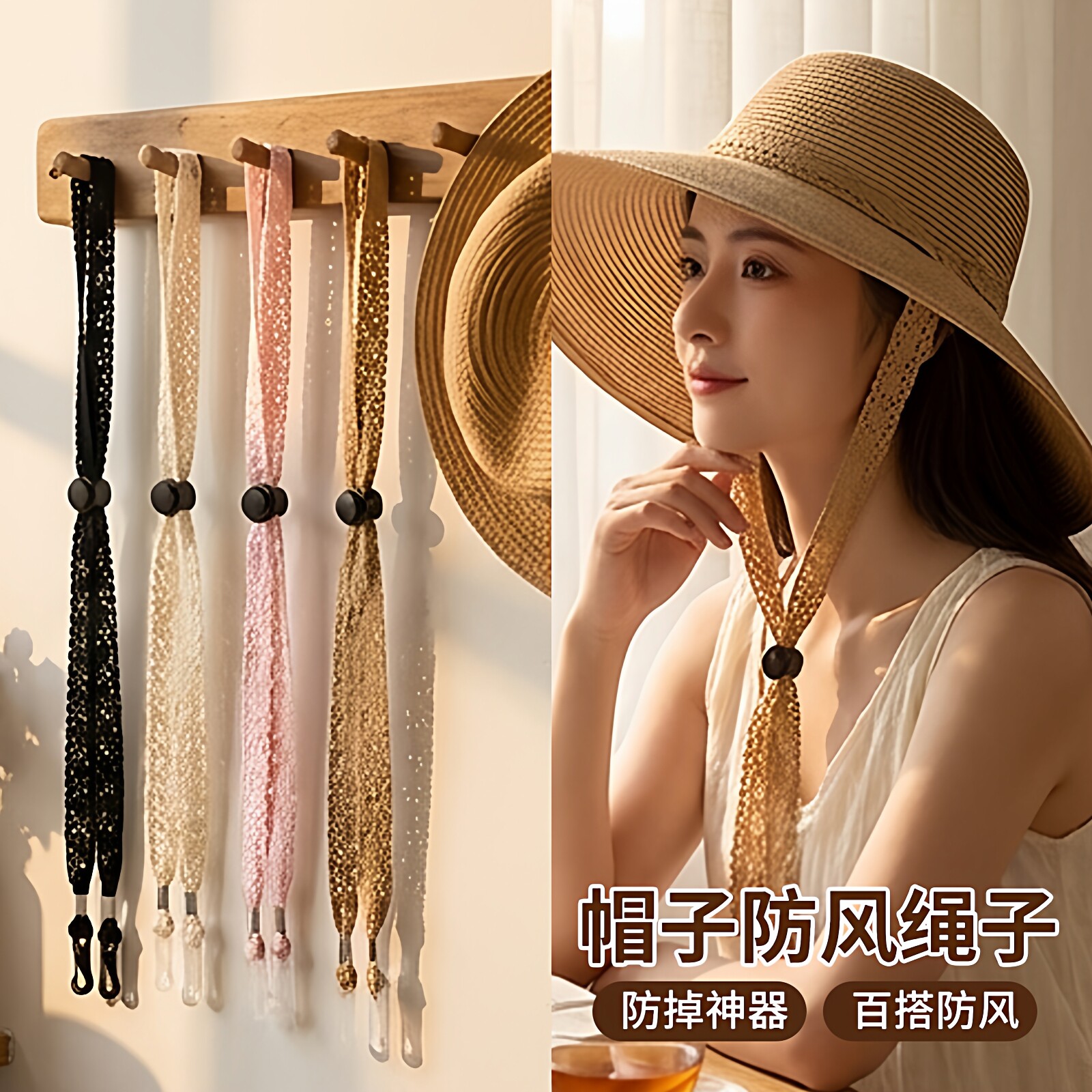 防风绳帽绳渔夫帽草帽子