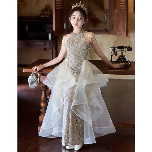 女童公主鱼尾裙亮片走秀主持礼服