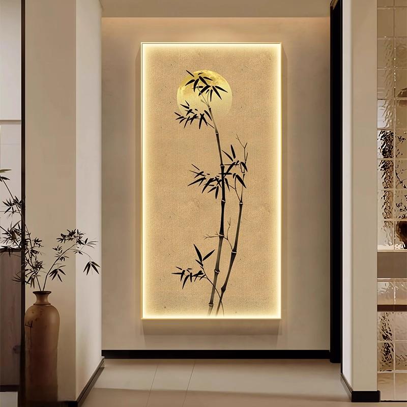 竹报平安LED灯画入户玄关装饰画新中式走廊过道挂画客厅亮灯壁画