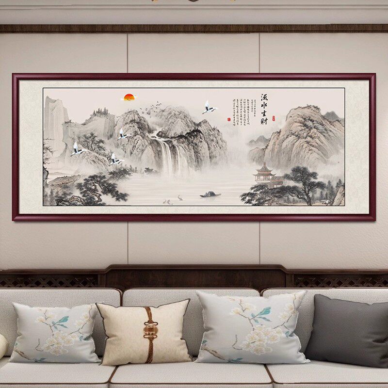流水生财客厅装饰画靠山沙发背景墙挂画办公室会议室大气山水壁画
