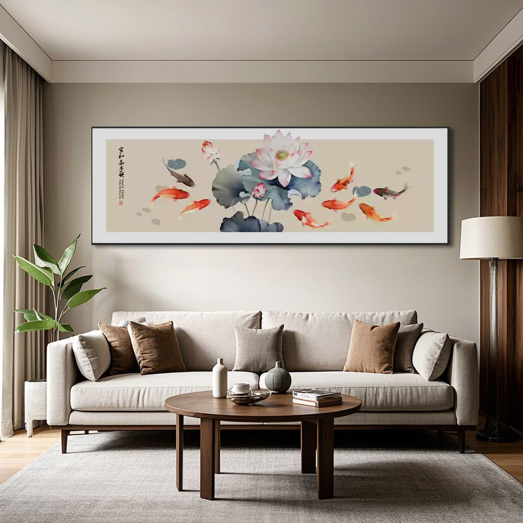 荷花九鱼图客厅沙发背景墙装饰画新中式挂画办公室富贵鱼水墨壁画