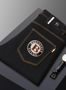 巴宝绅秋季新款男士弹力修身小脚绣花轻奢男装休闲长裤纯黑色