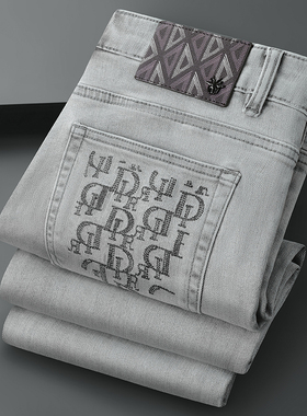 秋冬款欧货新款欧洲站轻奢加厚灰色绣花长裤弹力修身小直筒裤潮牌