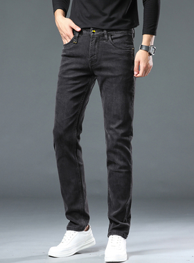 2025新款秋冬季男士牛仔裤修身黑灰色口袋印花潮男痞帅百搭显瘦