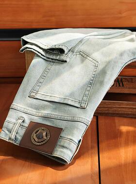 欧洲站轻奢浅蓝色牛仔裤男款修身小直筒秋冬款弹力休闲百搭男裤子