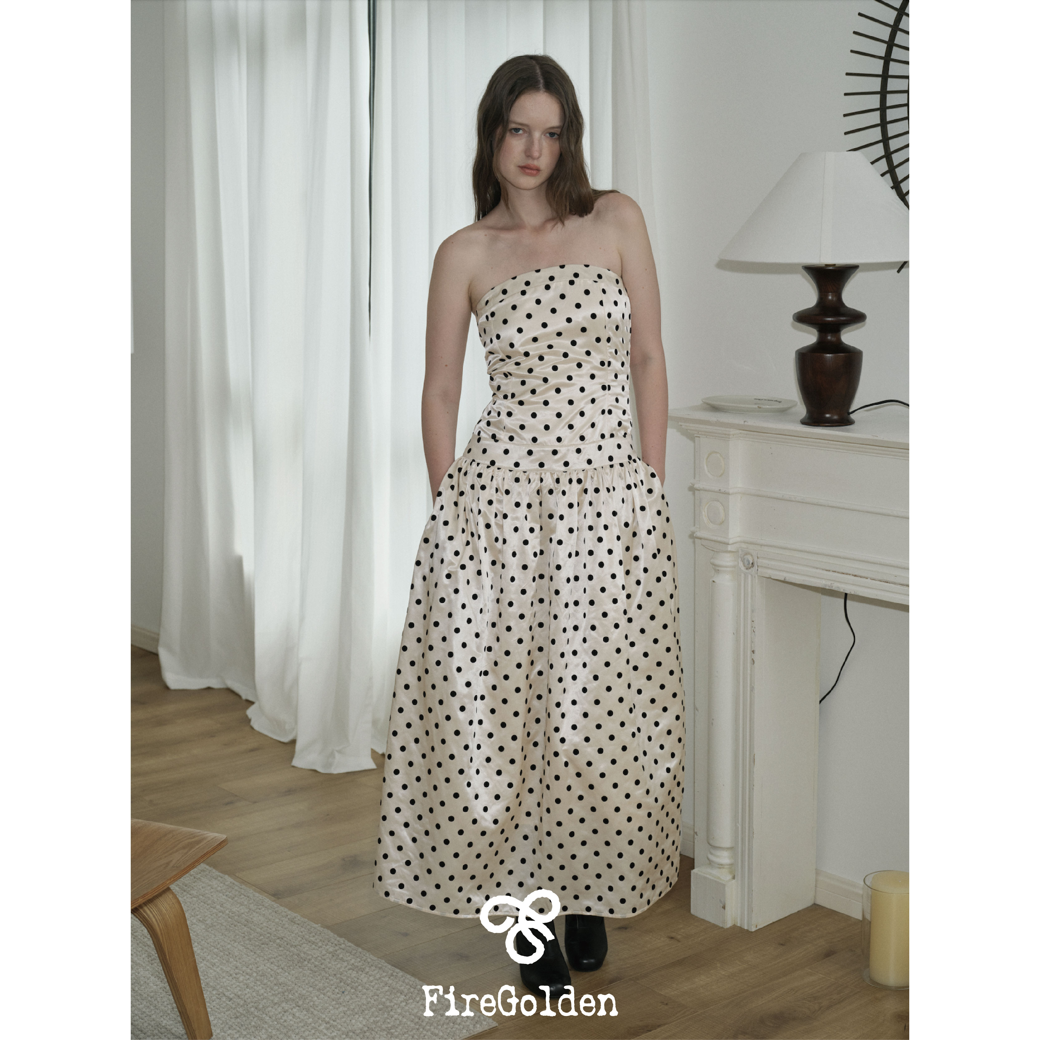 FireGolden炉2025原创吊带波点贵气绸缎连衣裙度假女