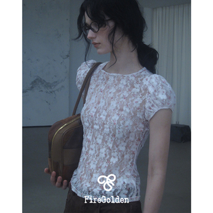 FireGolden炉2025春夏蕾丝印花泡泡袖透视性感短袖上衣显瘦纯欲