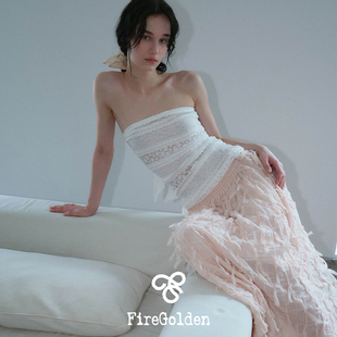 FireGolden炉2025春夏蕾丝花边系带蝴蝶结露背白弹力抹胸上衣