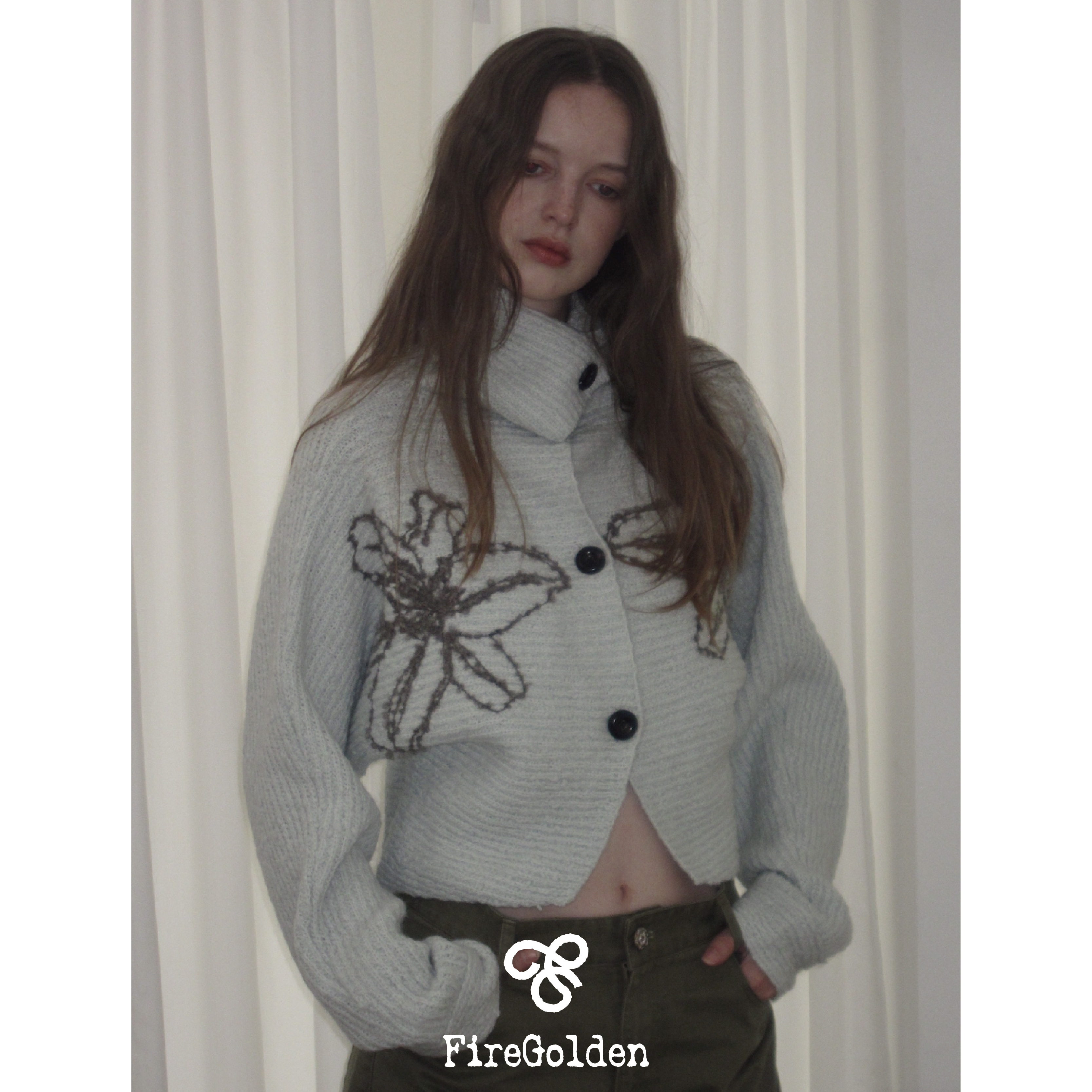 FireGolden炉2025秋冬含羊毛刺绣花朵开衫毛衣慵懒 深灰/薄荷绿