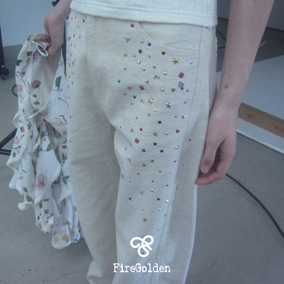 FireGolden炉2025春夏烫钻元素拼蕾丝口袋宽松中腰长裤牛仔裤