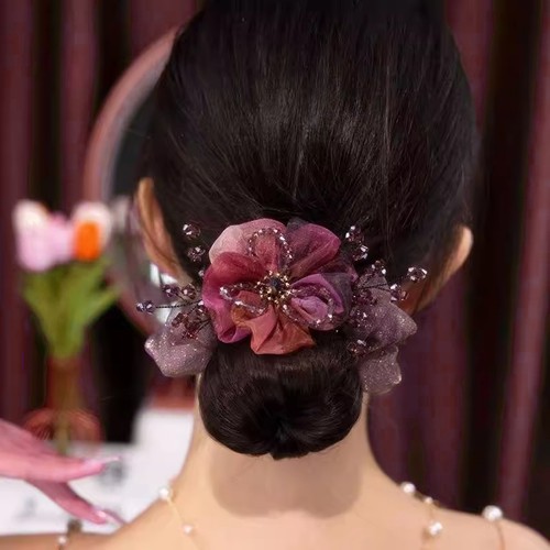 【盛柏仑发饰】气质欧根纱头花水晶花朵发绳女盘发丸子头大肠发圈