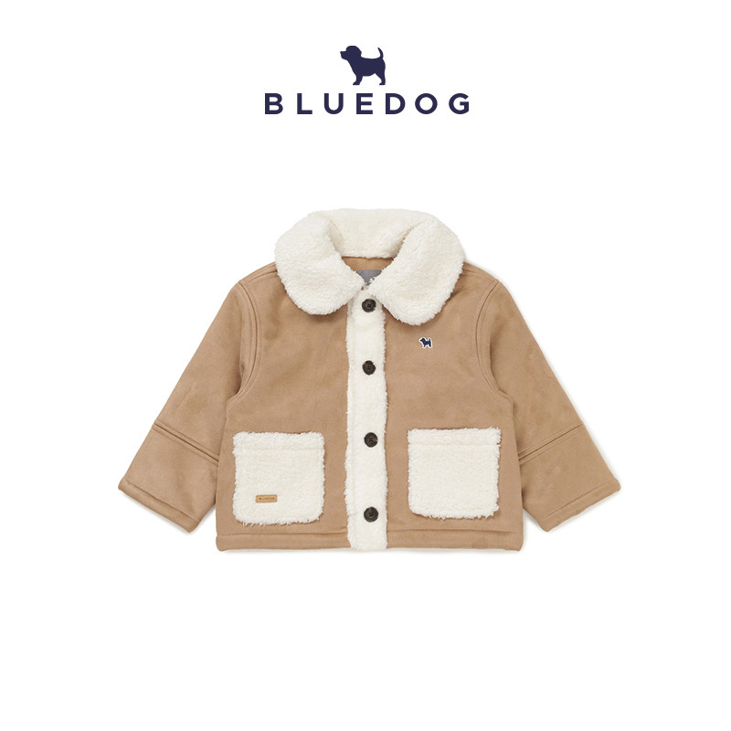BLUEDOG 韩国蓝狗26FW翻皮羊羔绒外套男女童卡其色麂皮保暖夹克