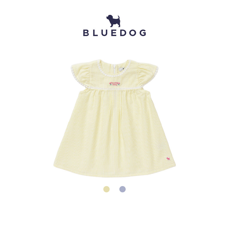 BLUEDOG 韩国蓝狗26SS夏轻薄清凉条纹褶皱连衣裙短袖休闲连衣裙