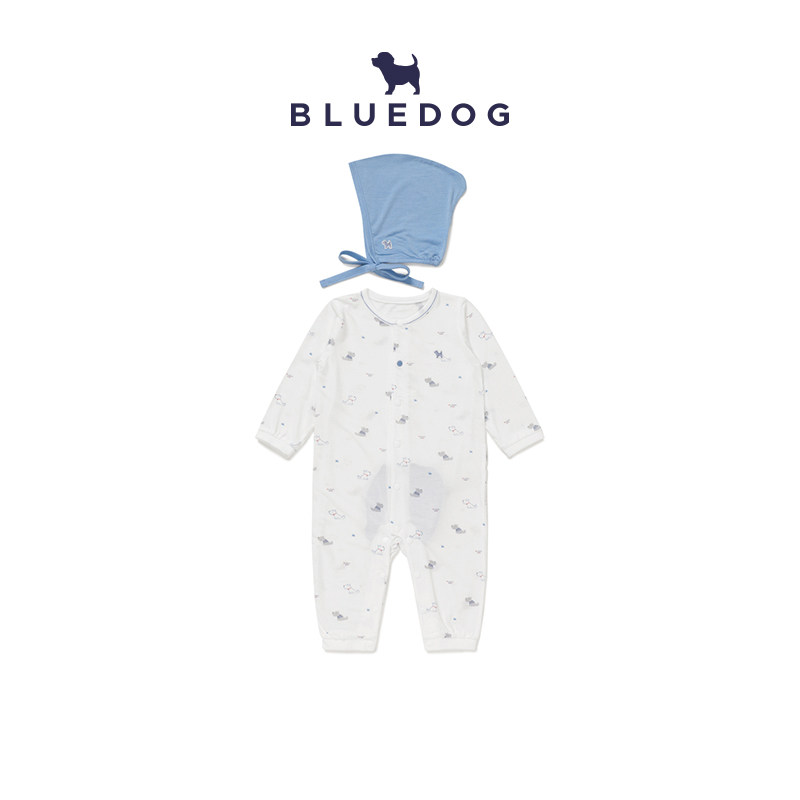 BLUEDOG 韩国蓝狗26FW婴儿小狗莫代尔长袖连体衣带帽爬服宝宝哈衣