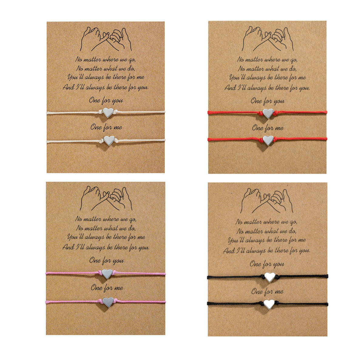 时尚简约风合金双爱心防水蜡线编织可调节祝福卡片手链2件套