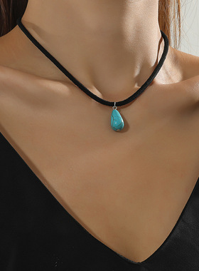 波西米亚度假风水滴松石吊坠绒布可调节项链适合女士女生度假派对