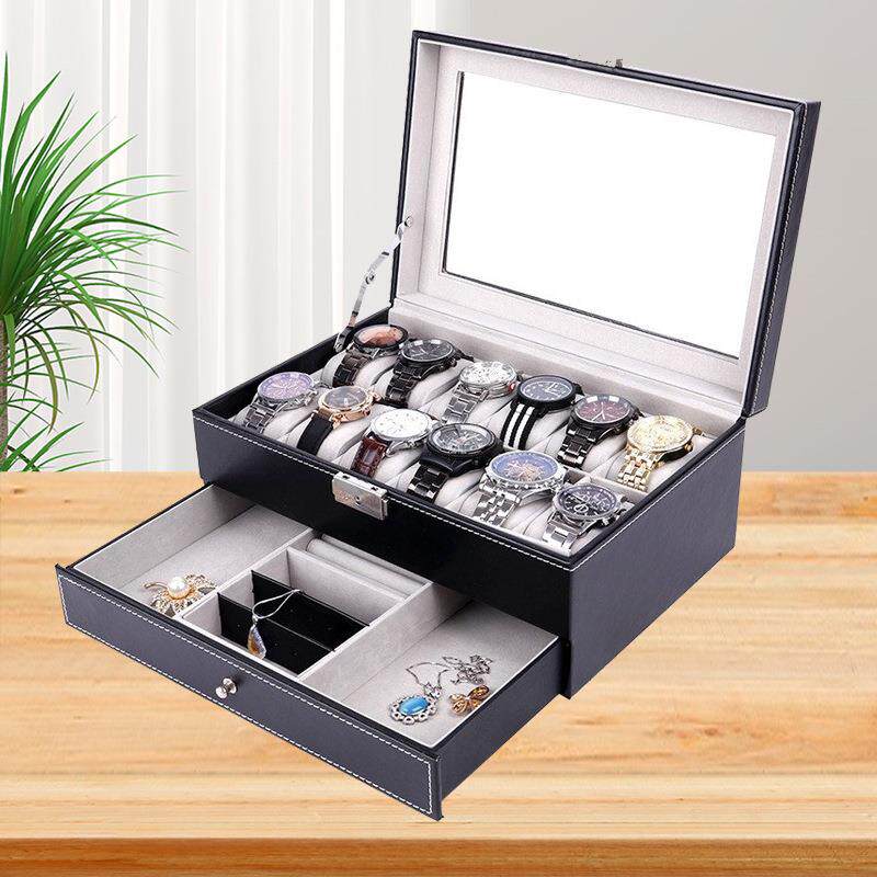 双层12位手表首饰盒PU皮革开窗透明12位手表盒饰品盒珠宝收纳包装