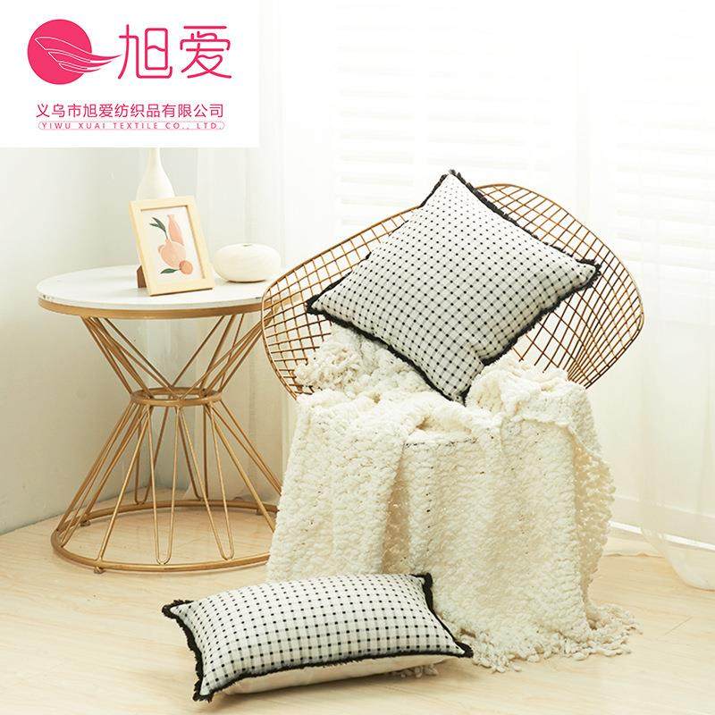 旭爱黑白意式简约流苏须边色织提花抱枕柔软舒适靠枕靠垫