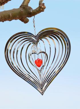 亚马逊3D旋转风铃金属风转挂饰家居花园装饰不锈钢爱心风铃挂件