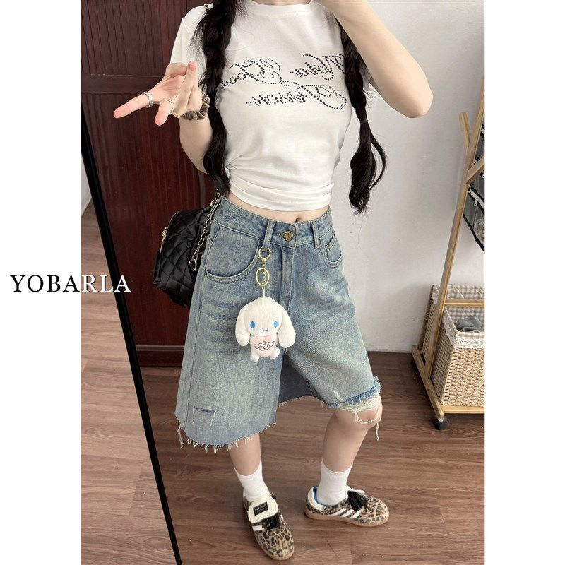 浅色破洞牛仔短裤女夏新款大码胖mm宽松显瘦梨形身材直筒五分中裤,女装/女士精品,牛仔裤,淘宝优惠券,粉丝福利购,淘宝优惠卷