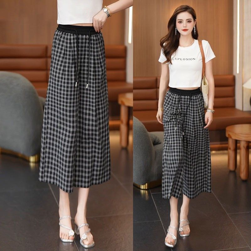 冰丝格子裙裤2025夏季新款薄款女高腰显瘦宽松休闲百搭八分阔腿裤,女装/女士精品,休闲裤,淘宝优惠券,粉丝福利购,淘宝优惠卷