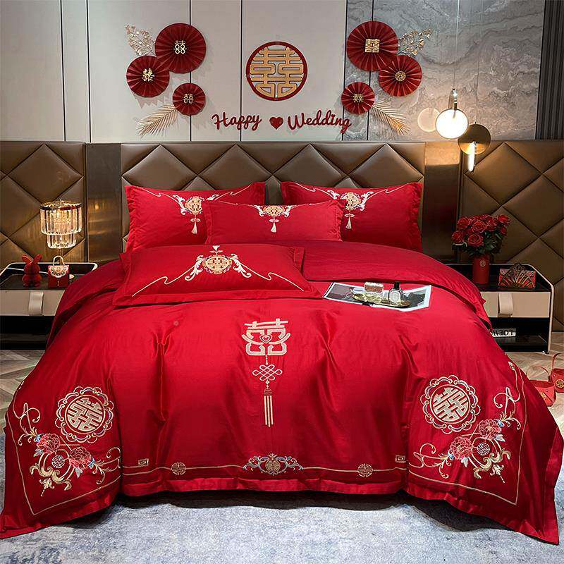 婚庆四件套大红被喜中式刺绣新单结婚礼房嫁床笠床上LYP用品