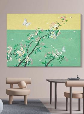 丰暖花撞开纯手绘春油画客厅桃BYV花蝴蝶挂画黄顺绿色装饰画餐厅