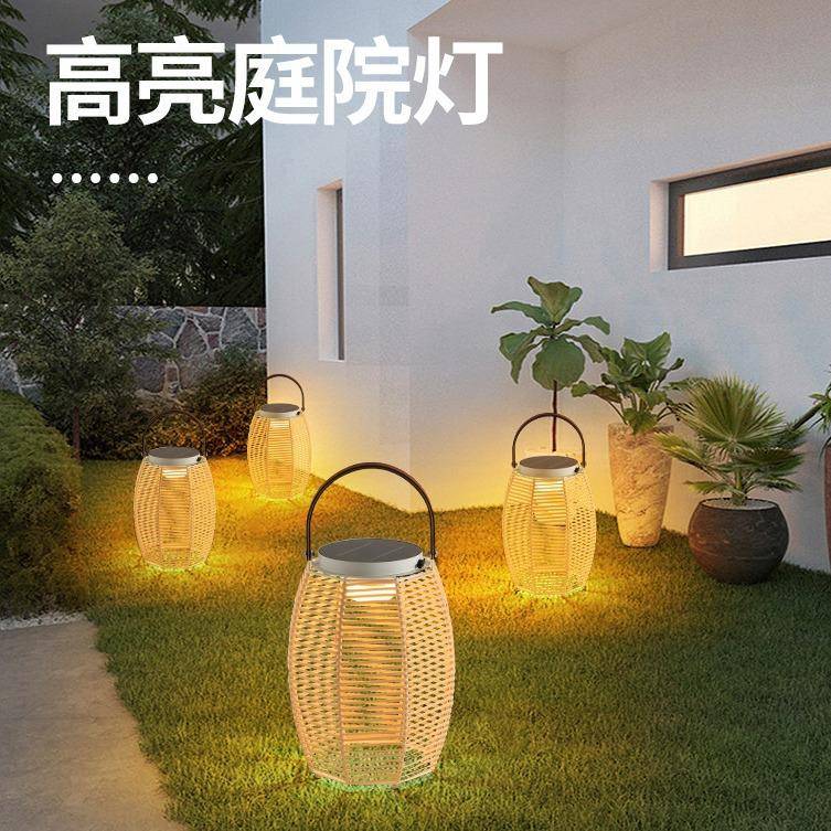 跨境节能庭院装饰创意塑料藤编灯笼手提户外公园挂树新款太阳能灯