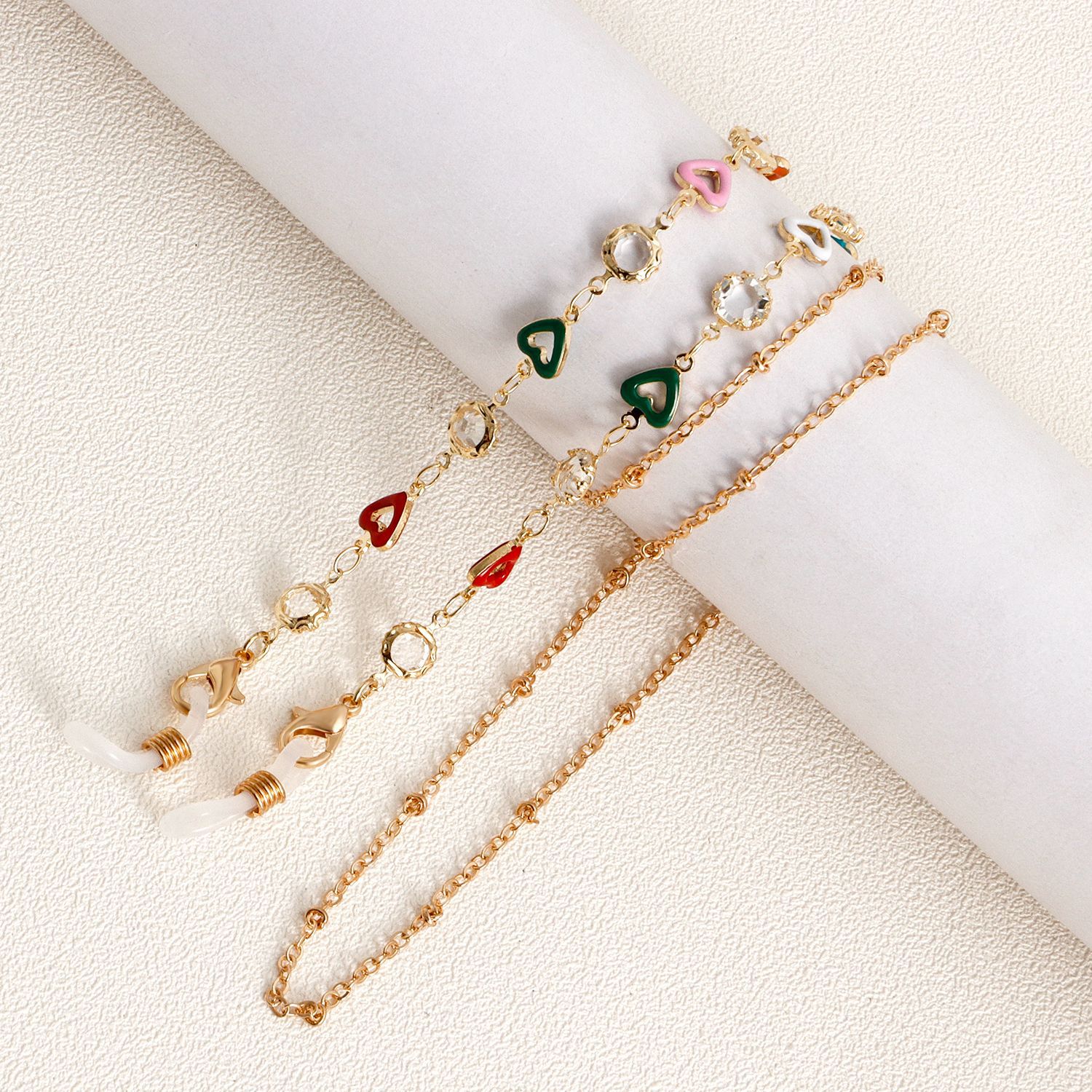 眼镜防滑绳 滴釉彩色爱心镶钻手工链级感眼镜链 口罩挂绳脸链女