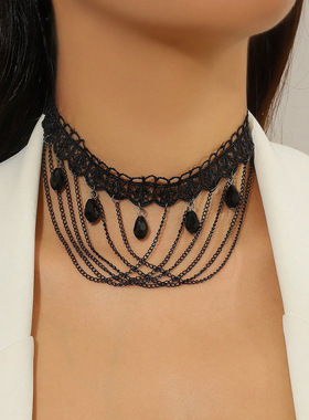 新款欧美跨境时尚个性链条流苏百搭气质蕾丝项链