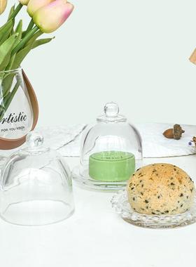 直销新款韩风ins风珍珠边小蛋糕罩透明水晶玻璃罩蛋糕盘点心盘装