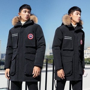 外贸新款大鹅士羽绒服貉毛领欧美青年中长款冬装外套潮