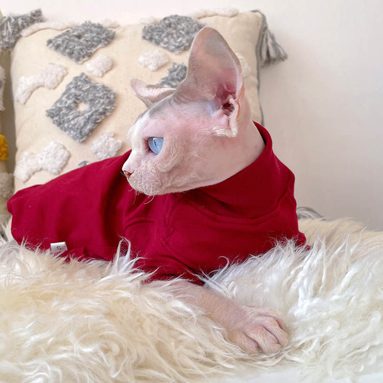 无毛猫港风德文酒红色纯棉打底衫