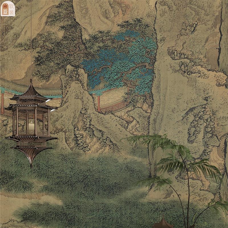 山水画古画玄关墙面装饰贴画茶室中国画阿房宫背景墙客厅贴纸定制