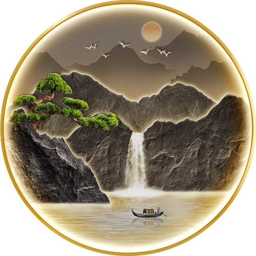 新中式圆形壁画流水生财玄关装饰画迎客松灯画大气山水画客厅挂画