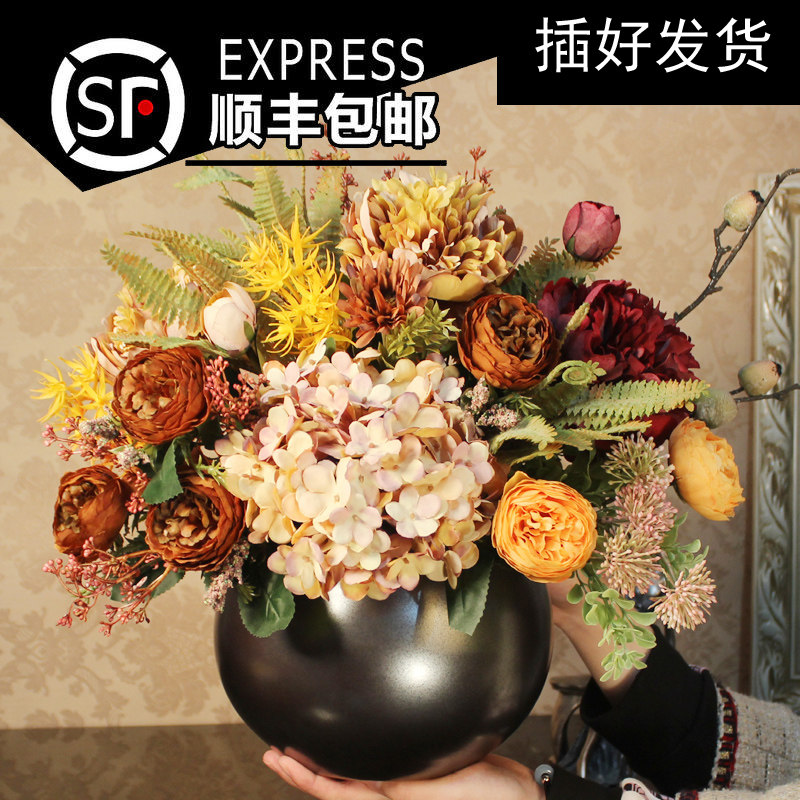 复古做旧牡丹花仿真花束花艺手捧花艺术森系欧式摆件客厅茶几装饰