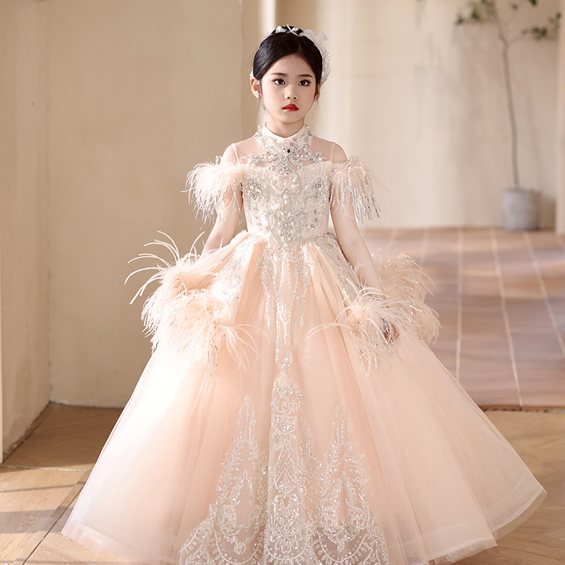 儿童礼服公主裙粉色洋气模特走秀钢琴演出生日小主持高端女童礼服